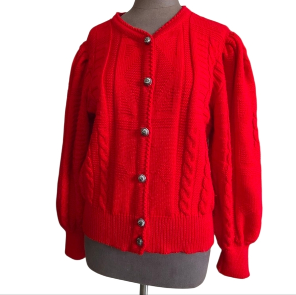 Vintage Red Austrian Wool Puff Sleeve Cardigan Size Large Salzburger Dirndl-look - Picture 4 of 16